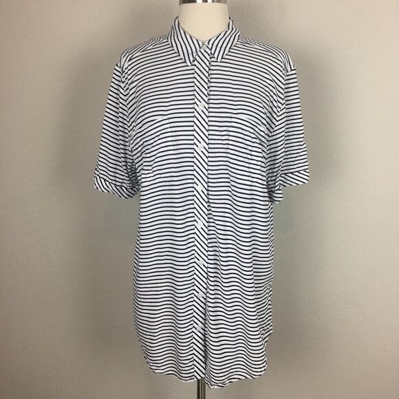 Chico's Navy  White Stripe Button Front Short Sleeve Top 2 - Picture 1 of 6